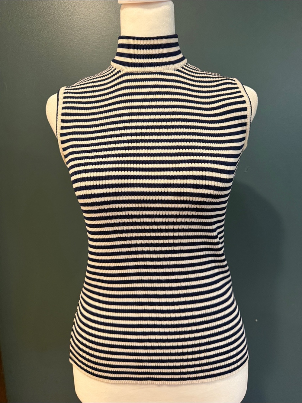 Sleeveless Navy and White Striped Mock Neck Top
